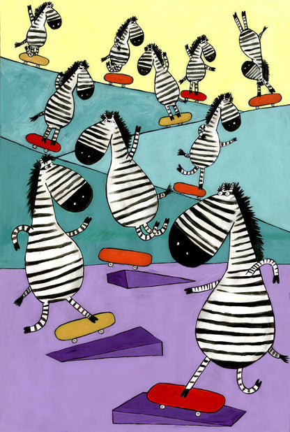 Hilarious Zebras in the Skatepark by Artist Carla Daly - Poster / Art Print