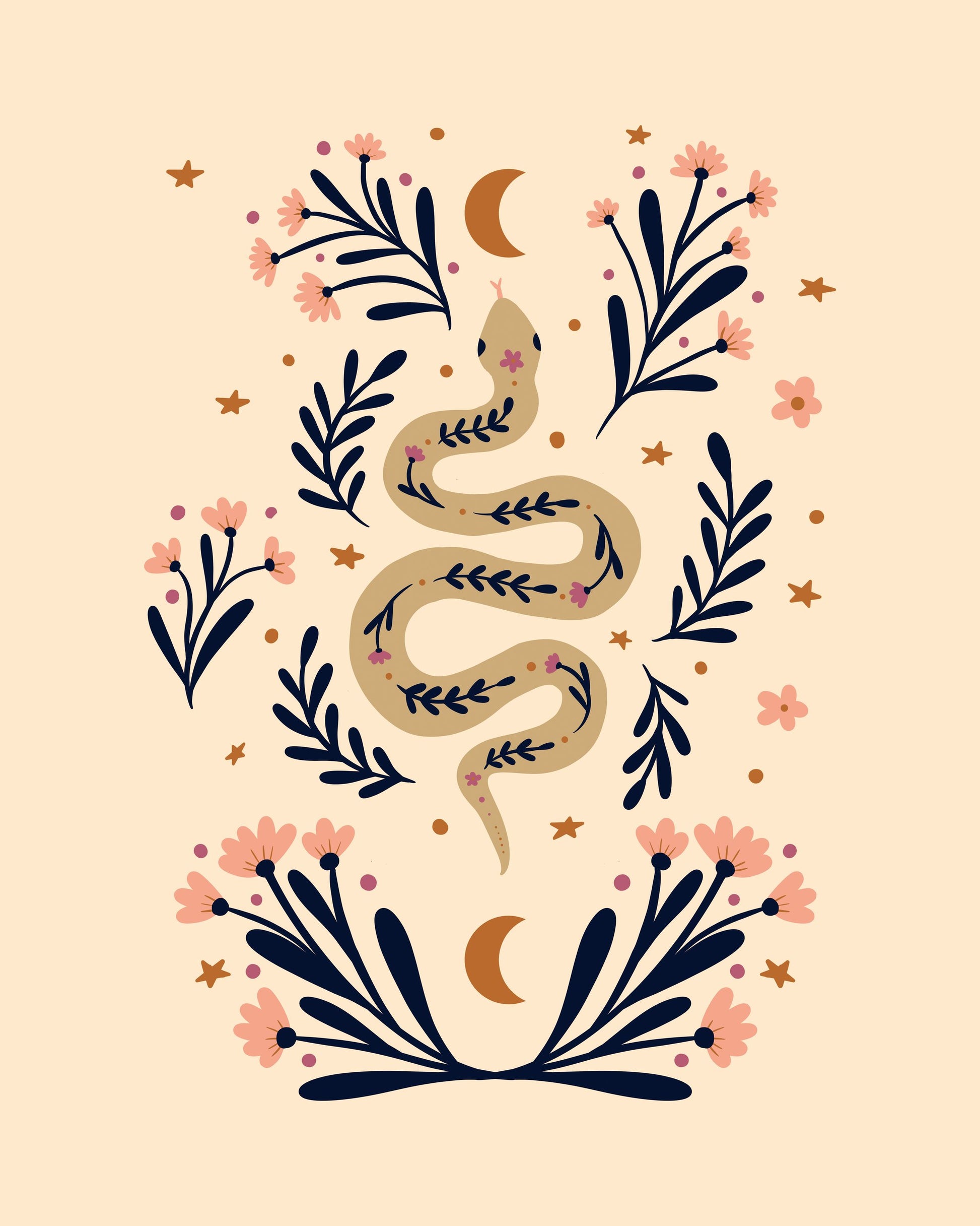Snake And Flowers Beige And Indigo - Poster / Art Print