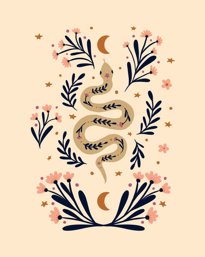 Snake And Flowers Beige And Indigo - Poster / Art Print