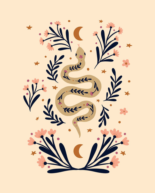 Snake And Flowers Beige And Indigo - Poster / Art Print
