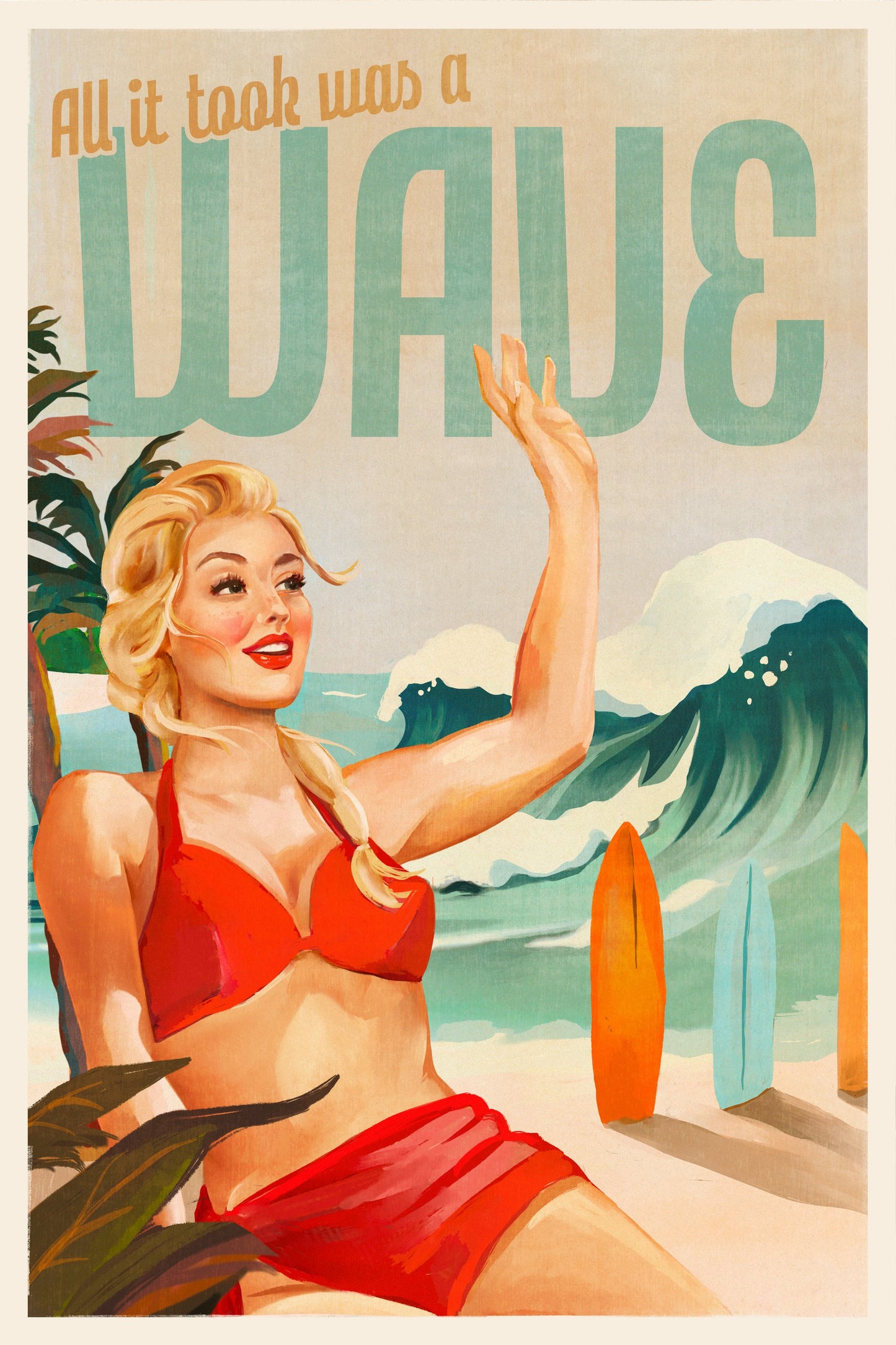 Surfing Pinup Girl On Beach In Bikini - Poster / Art Print