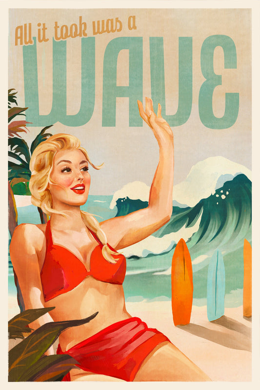 Surfing Pinup Girl On Beach In Bikini - Poster / Art Print
