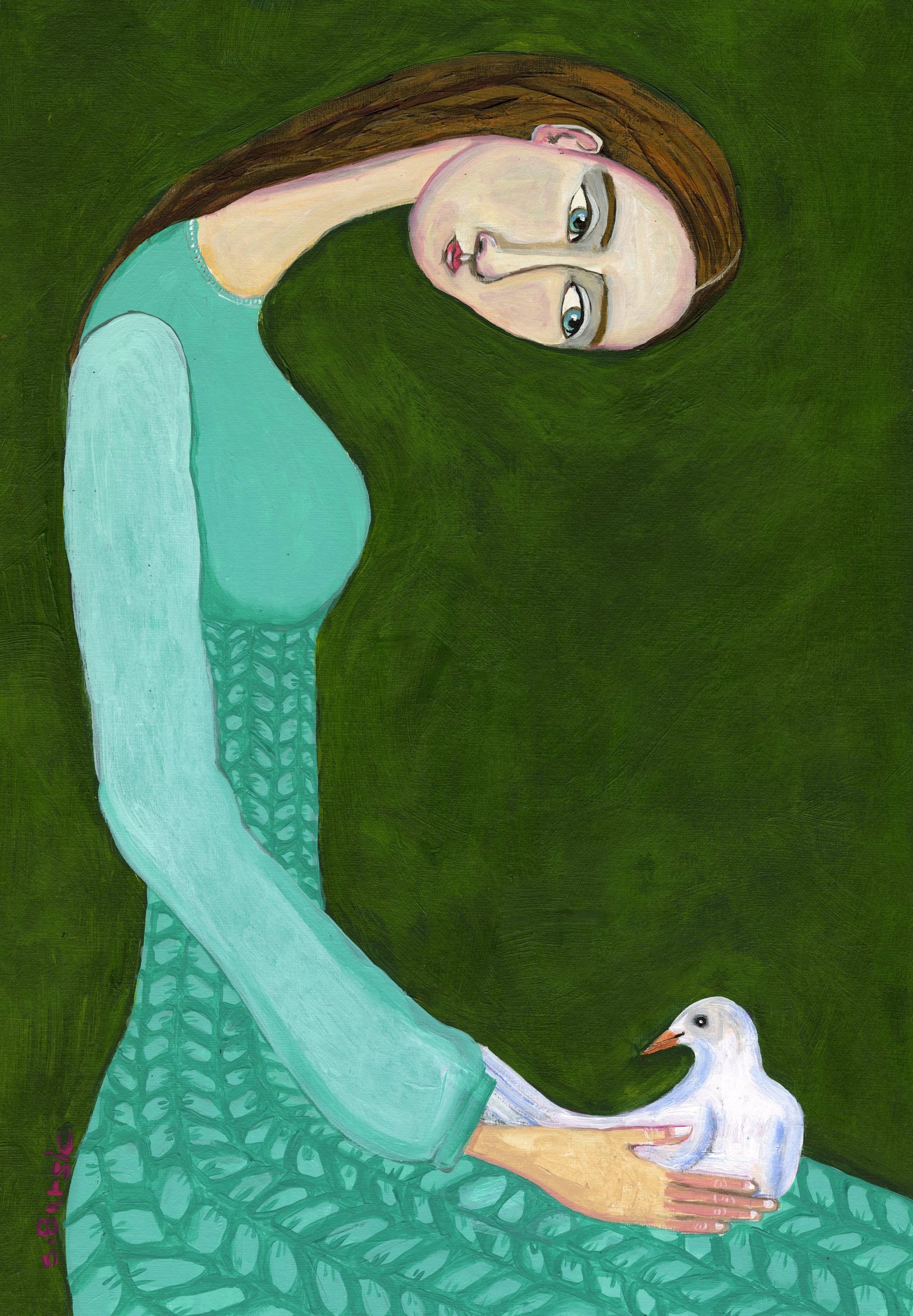Lady sitting with white dove bird woman - Poster / Art Print