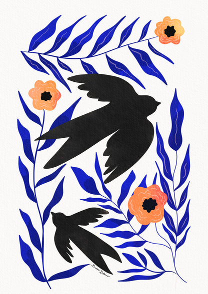 Swallow Flowers - Poster / Art Print