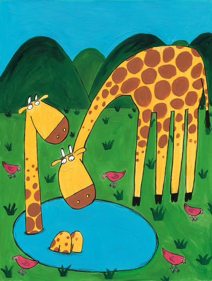 Mommy with Baby Giraffe in a Watering Hole by Artist Carla Daly - Poster / Art Print