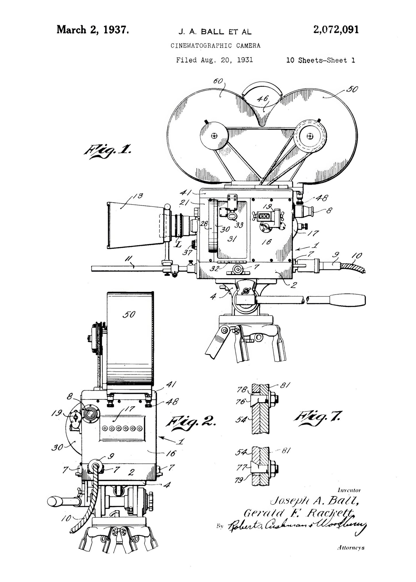 Cinematographic Camera Patent 1937 - Poster / Art Print