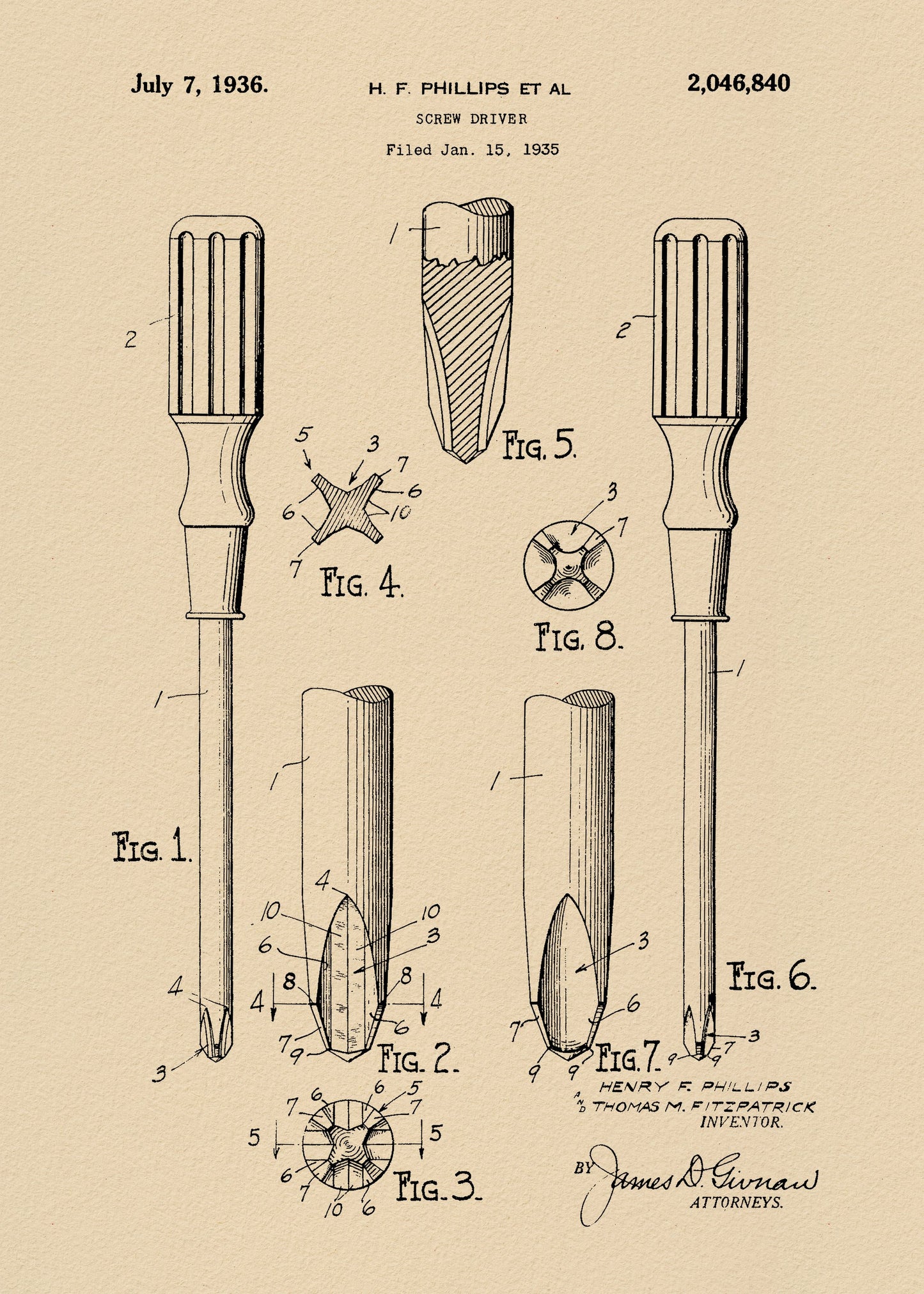 Screw Driver Patent 1935 - Poster / Art Print