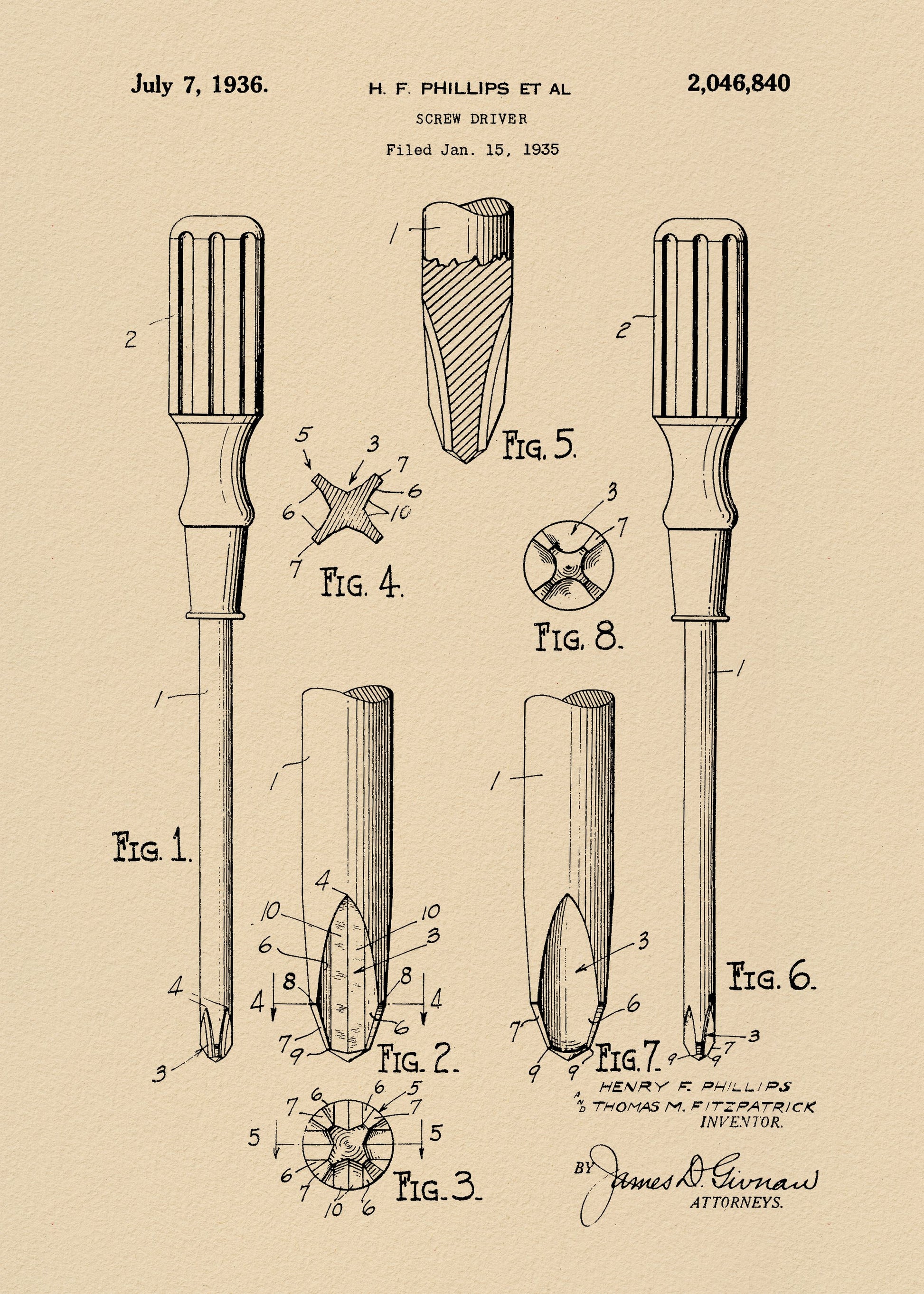 Screw Driver Patent 1935 - Poster / Art Print
