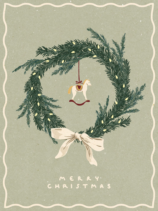 Horses toy on Christmas wreath with bow - Poster / Art Print