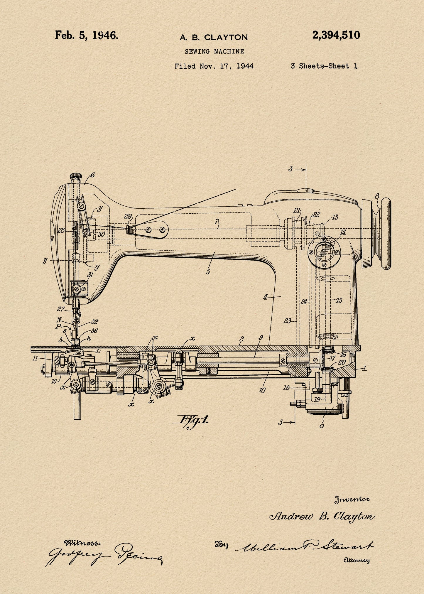 Sewing Machine Patent 1944 - Poster / Art Print