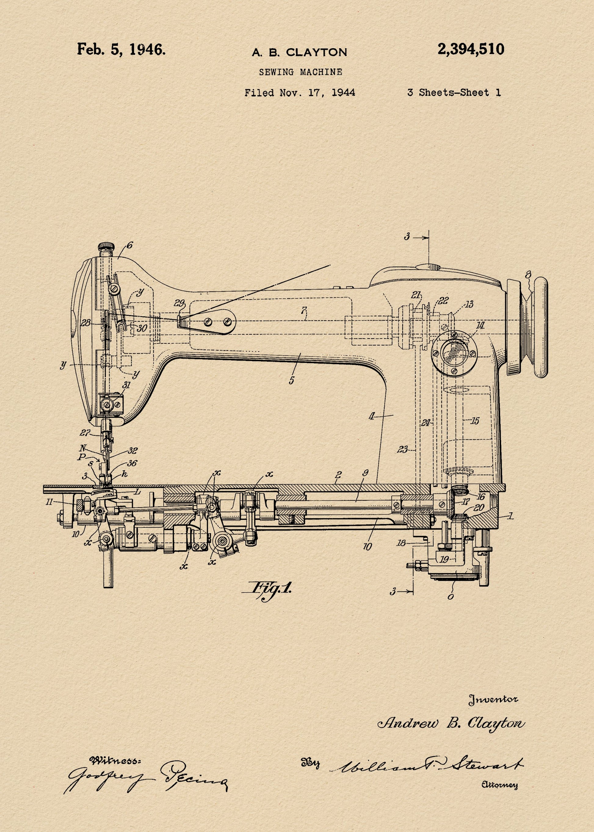 Sewing Machine Patent 1944 - Poster / Art Print