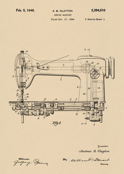 Sewing Machine Patent 1944 - Poster / Art Print