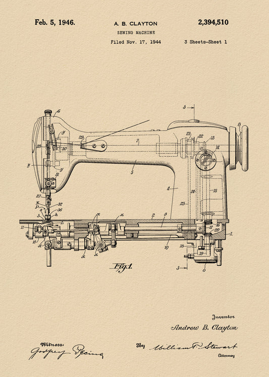 Sewing Machine Patent 1944 - Poster / Art Print
