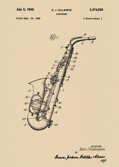 Saxophone Patent 1945 - Poster / Art Print