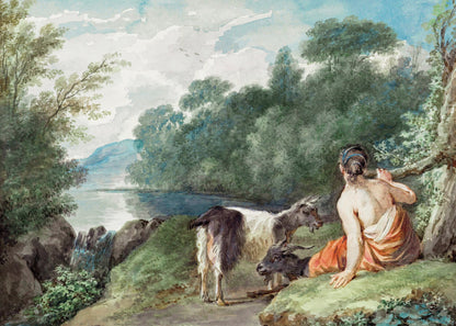 Shepherdess With Goats In a Landscape With a Lake - Poster / Art Print