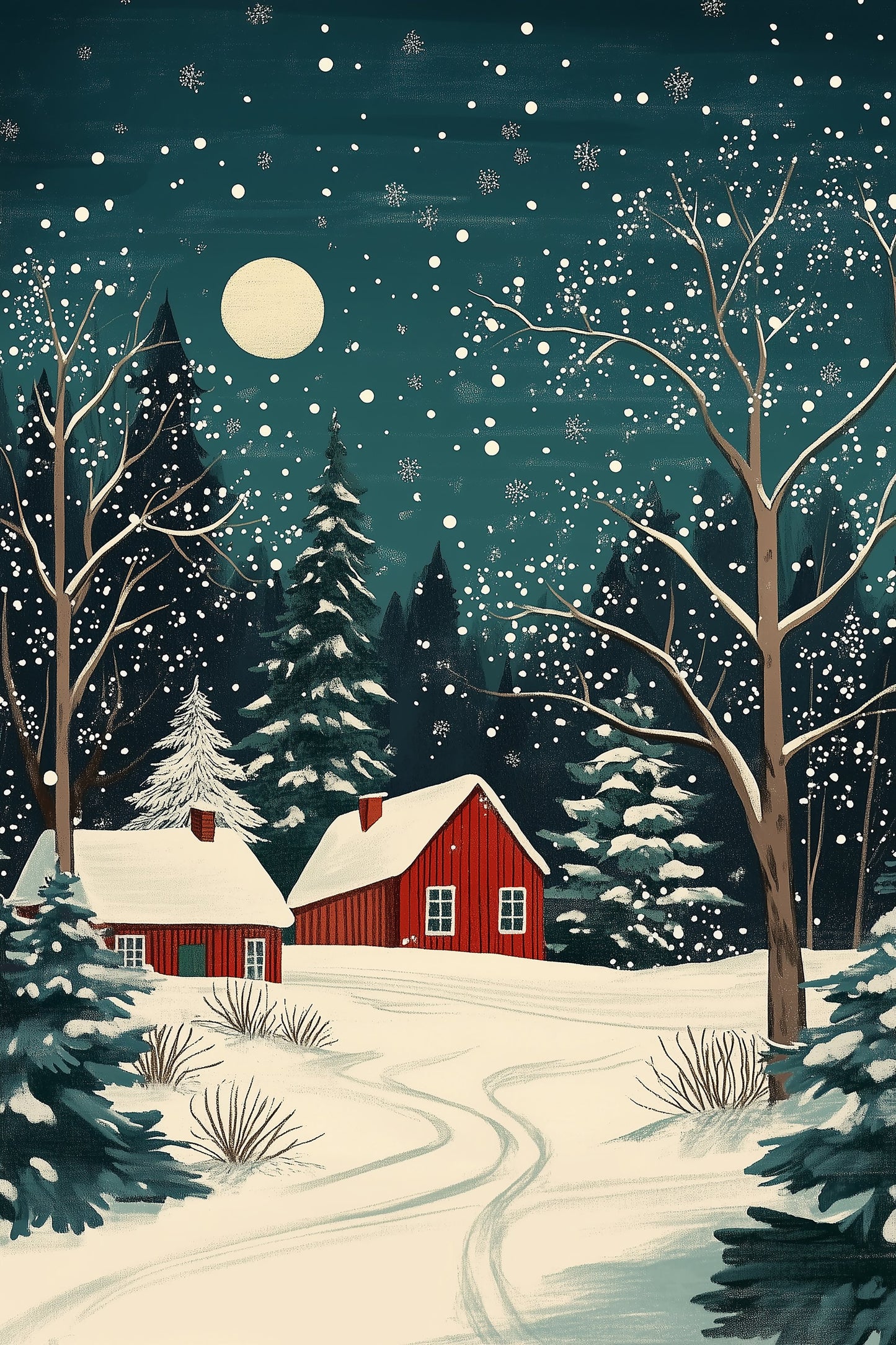 Red Houses and Snowy night sky - Poster / Art Print