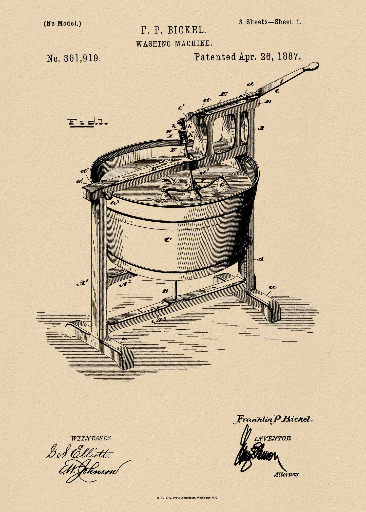 Washing Machine Patent 1887 - Poster / Art Print