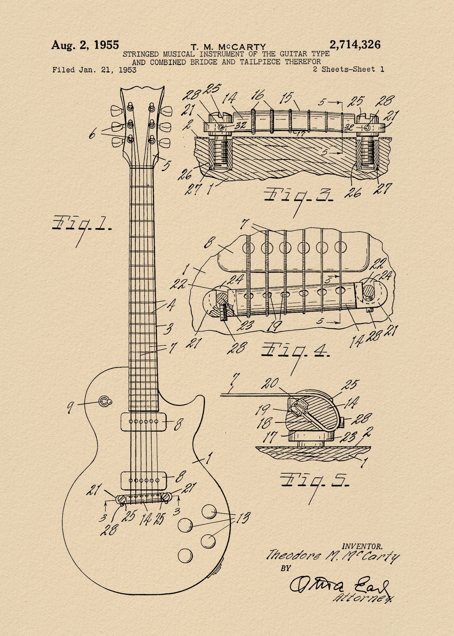 Electric Guitar Patent 1955 - Poster / Art Print