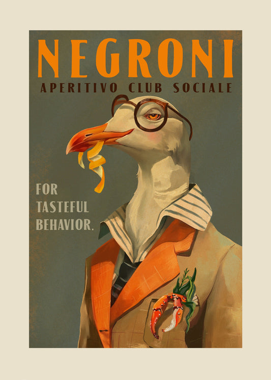 Vintage Art Deco Negroni Poster Of A Fancy Seagull - Poster / Art Print