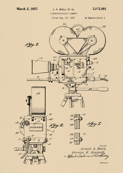 Cinematographic Camera Patent 1937 - Poster / Art Print