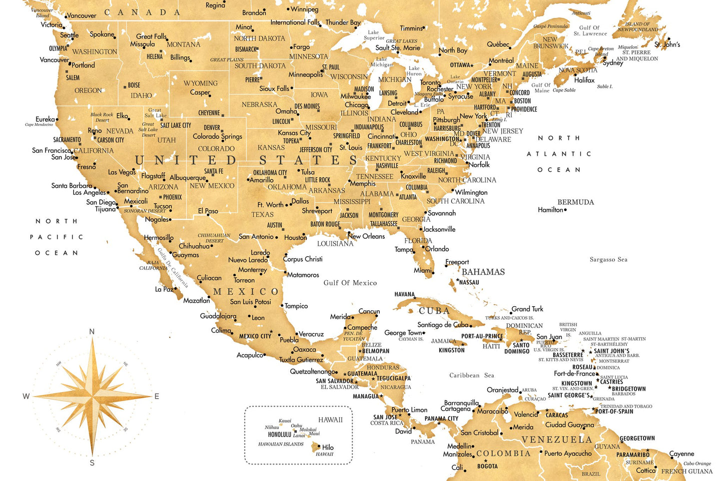 Gyllene karta av USA och Mexico - Poster / Art Print