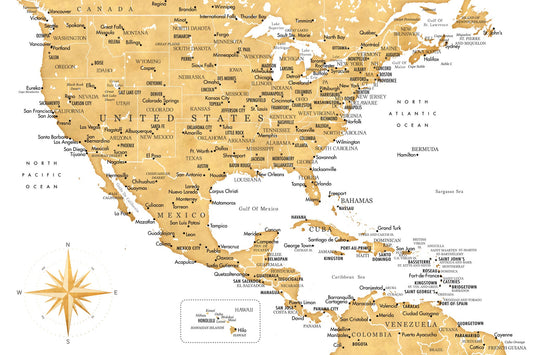 Gyllene karta av USA och Mexico - Poster / Art Print