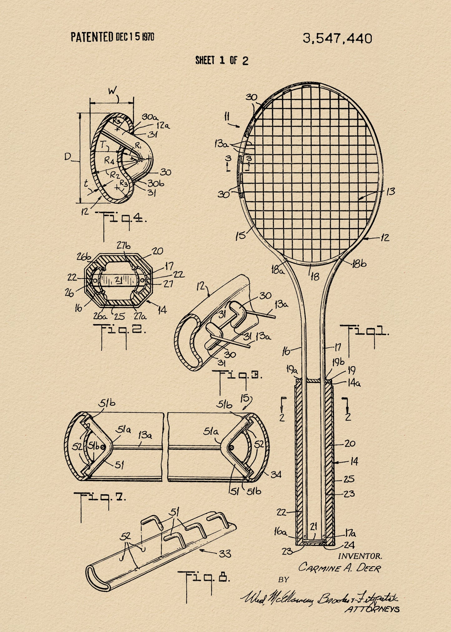 Tennis Racket Patent 1970 - Poster / Art Print