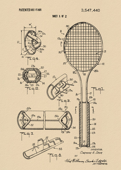 Tennis Racket Patent 1970 - Poster / Art Print