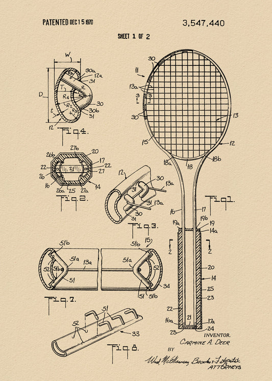 Tennis Racket Patent 1970 - Poster / Art Print