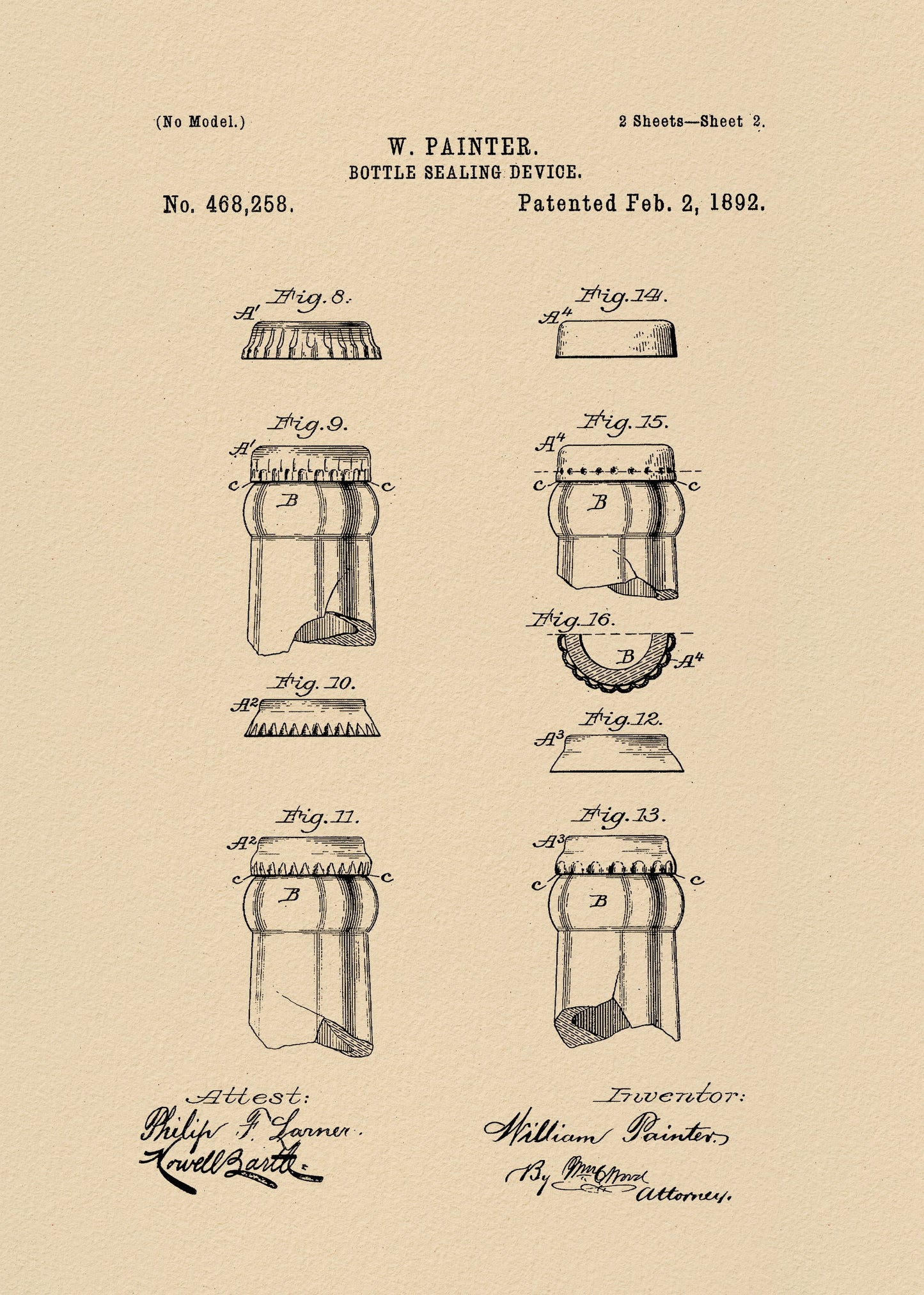 Bottle Sealing Device Patent 1892 - Poster / Art Print