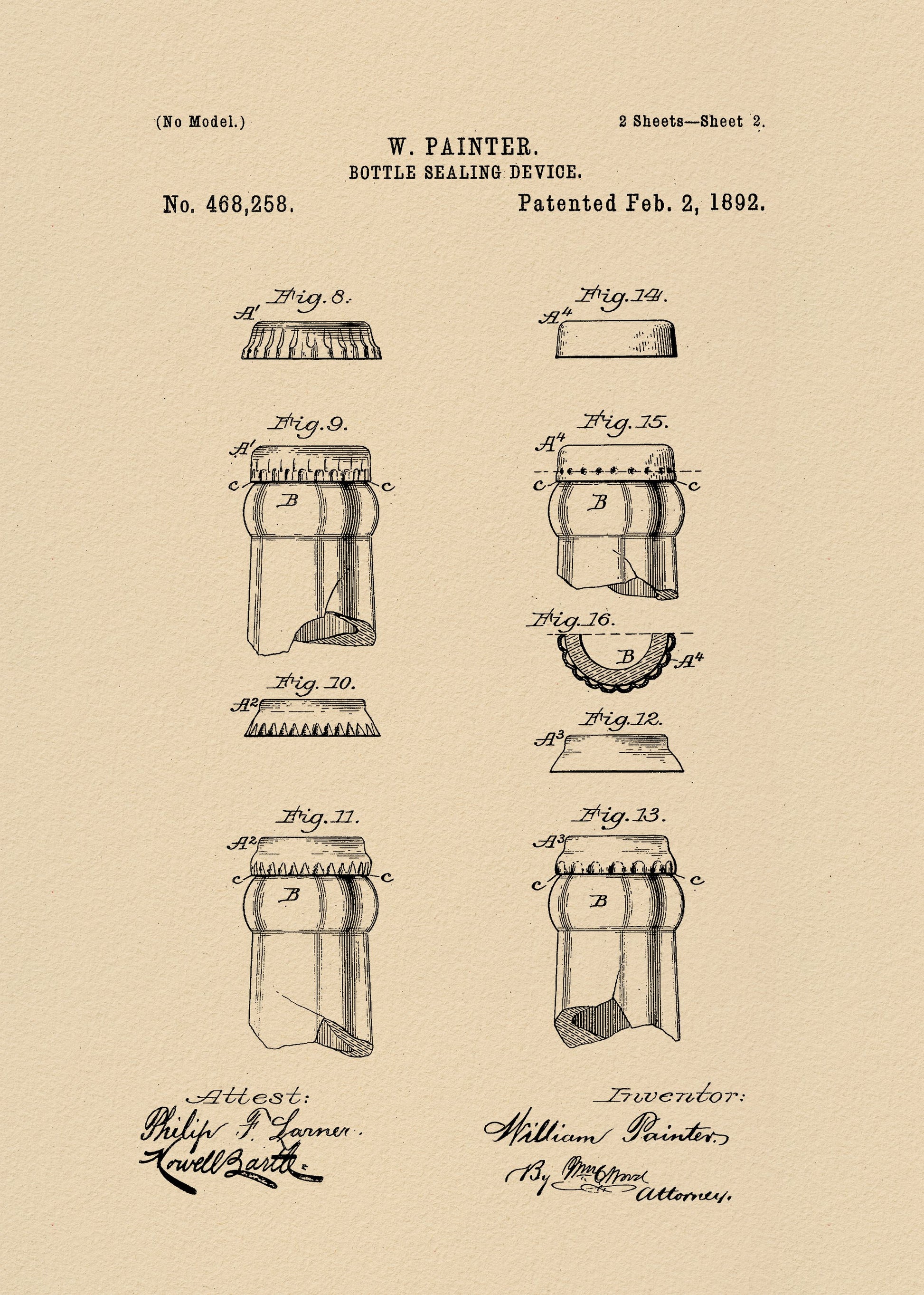 Bottle Sealing Device Patent 1892 - Poster / Art Print