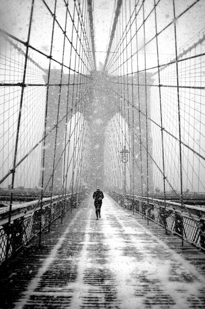 New York Walker in Blizzard - Brooklyn Bridge - Poster / Art Print