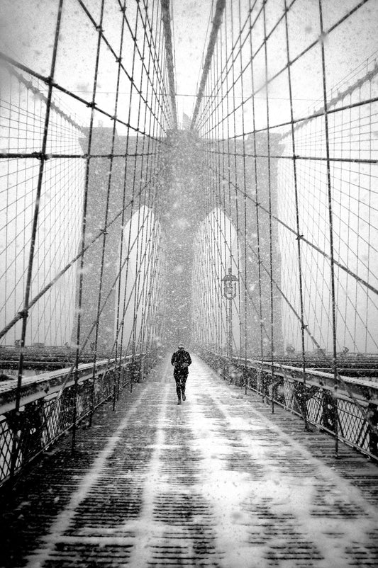 New York Walker in Blizzard - Brooklyn Bridge - Poster / Art Print