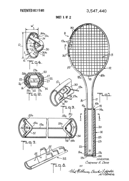 Tennis Racket Patent 1970 - Poster / Art Print