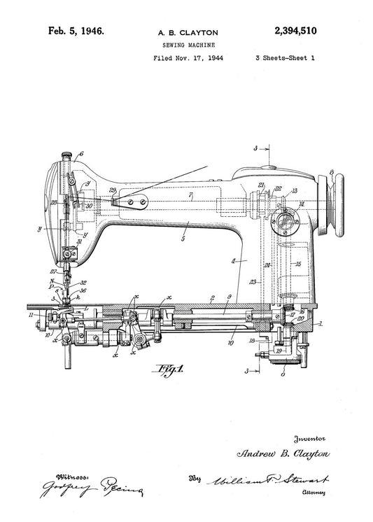 Sewing Machine Patent 1944 - Poster / Art Print