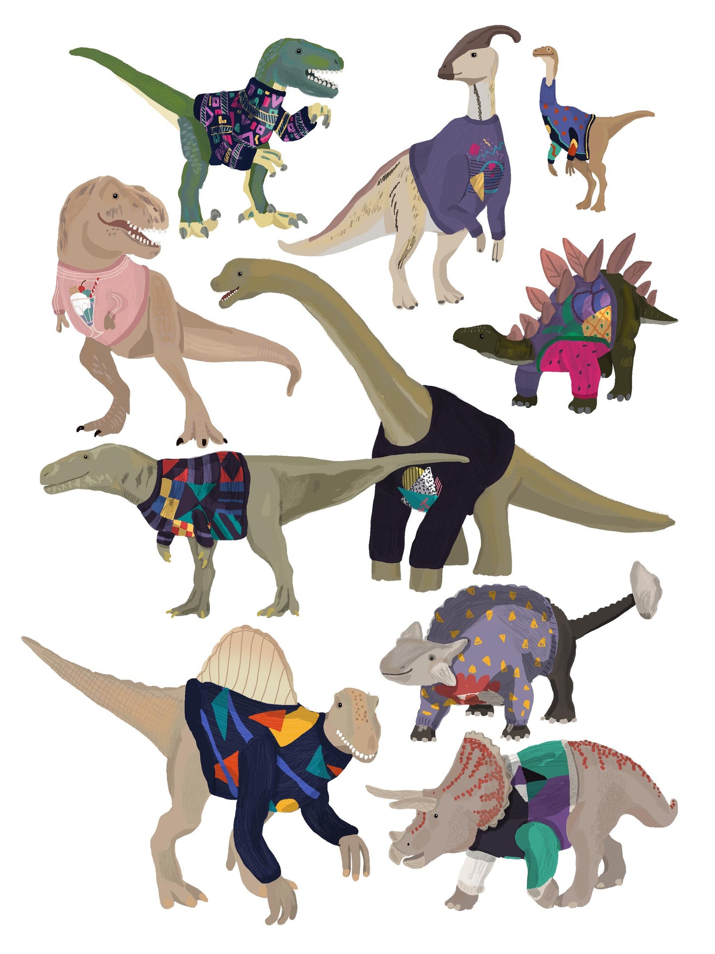 Dinosaurs In 80s Jumpers - Poster / Art Print