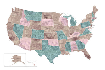 Pink and teal watercolor map of the US - Poster / Art Print