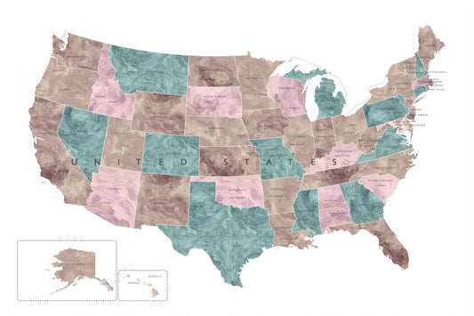 Pink and teal watercolor map of the US - Poster / Art Print