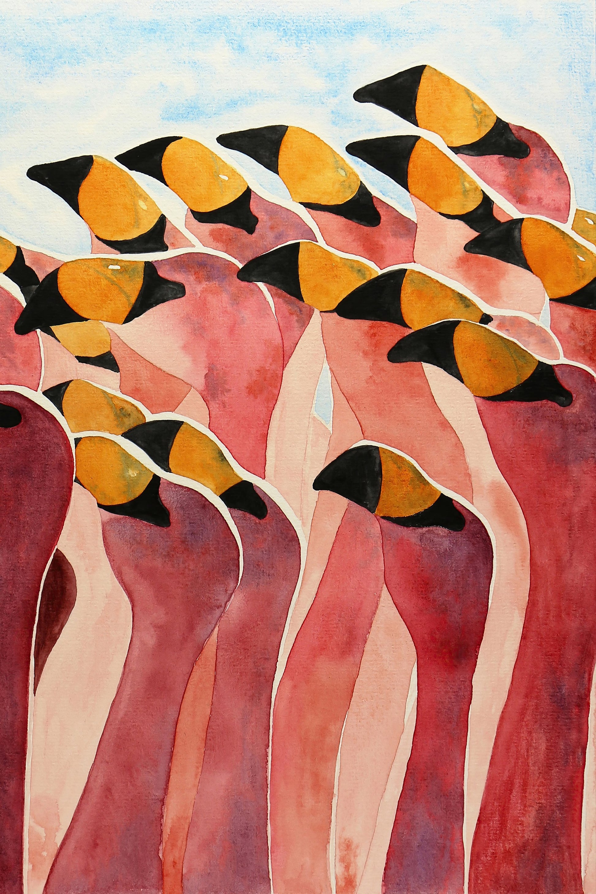 Group of Pink Flamingos With Heads Up - Poster / Art Print