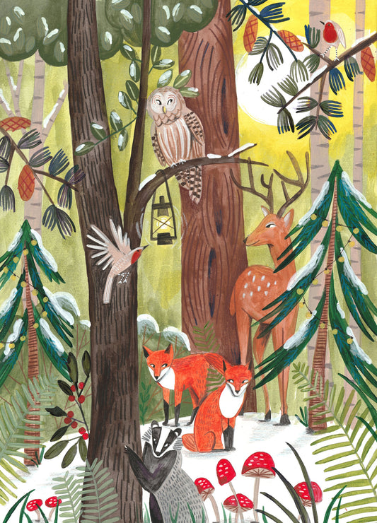 Green Christmas forest with animals - Poster / Art Print