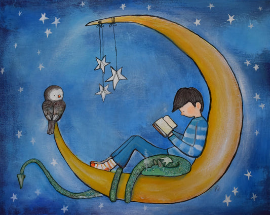 Boyreadingonmoon - Poster / Art Print