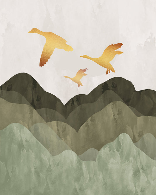 Golden Birds Flying Over Mountains - Poster / Art Print