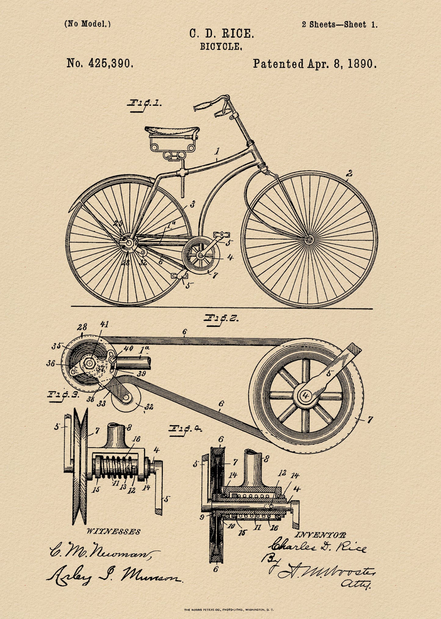 Bicycle Patent 1890 - Poster / Art Print