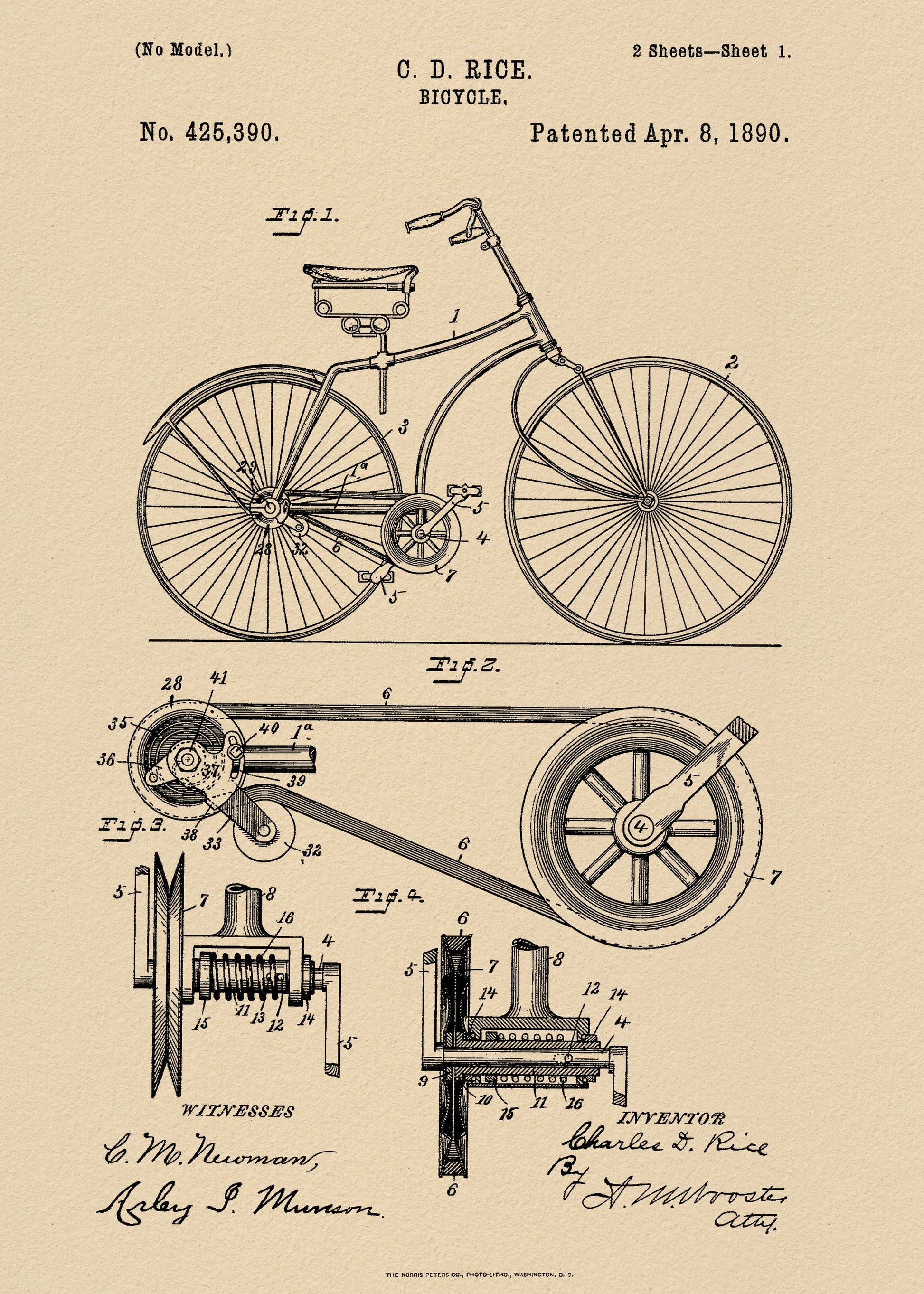 Bicycle Patent 1890 - Poster / Art Print